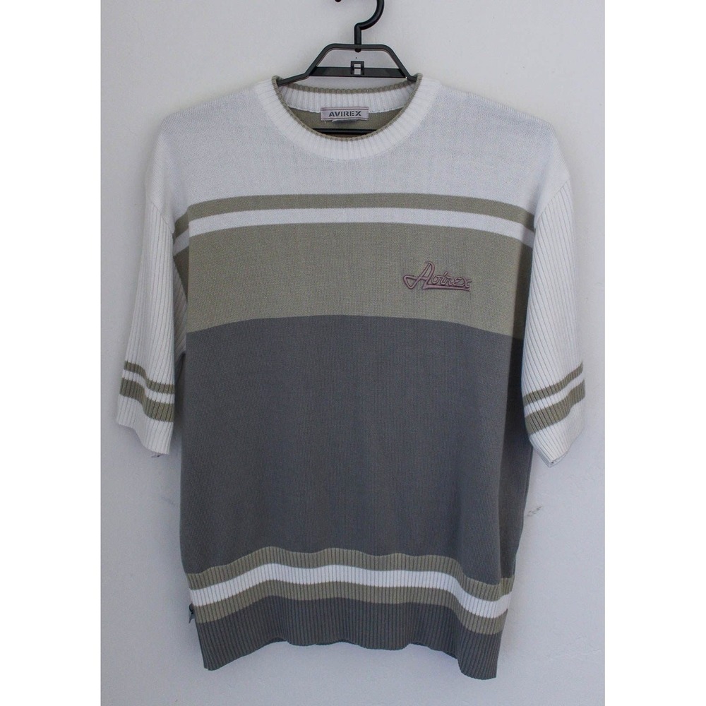 Avirex Sweater Mens 2X Gray‎ White Striped Pullover Knit Short Sleeve Vintage